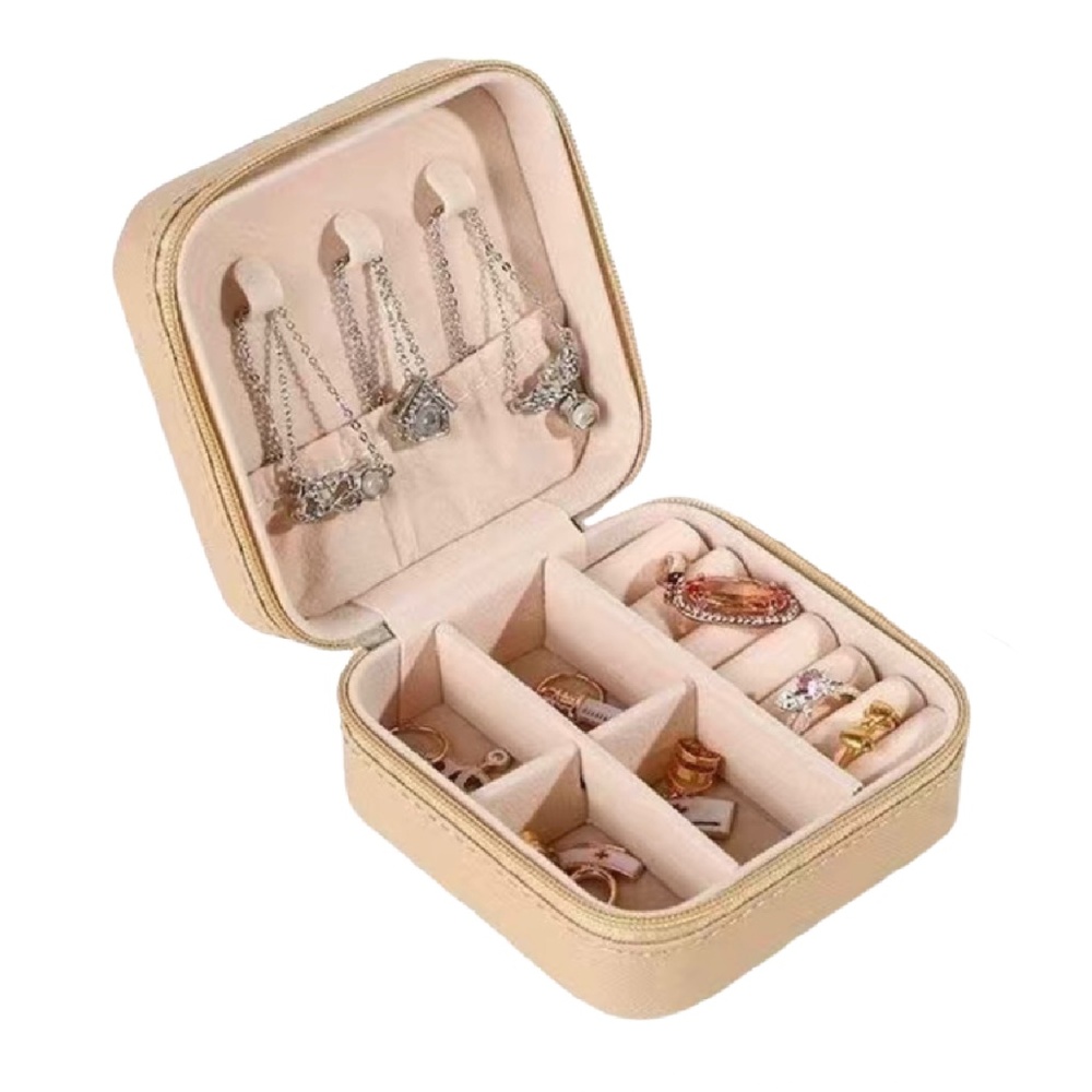 Beige Faux Leather Jewelry Box Portable Travel Case for Earrings Rings Necklaces